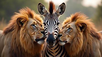 Close-up of two lions greedily sniffing a poor zebra