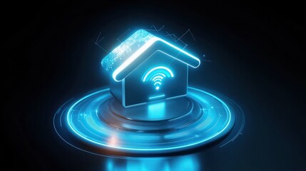 a futuristic smart home device glowing on a black background, symbolizing tech innovation and modern