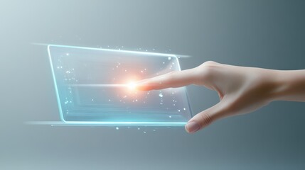 A holographic display being touched by a human hand, set against a soft gray background