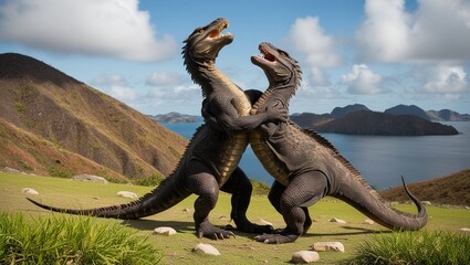 two dinosaurs are fighting with a mountain in the background