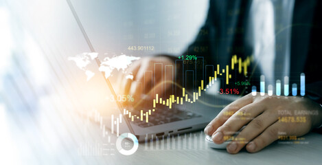 Leinwandbilder - Business development strategy,analysis and planning.Businessman using laptop for analyzing data sales and financial graph chart. Financial marketing graph and profit stock market.