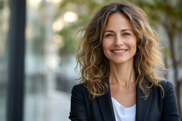 Wall Mural - Mature happy pretty smiling professional business woman, happy confident positive female entrepreneur standing outdoor in the city, Generative AI