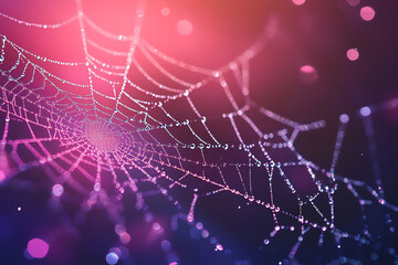 Produce a close-up shot of a vibrant, intricate spider web glistening with dew drops, showcasing natural beauty with a touch of mystery, in a realistic digital illustration