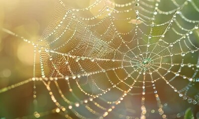 spider web is shown in a green field with water droplets on it. the web is very intricate and has a 