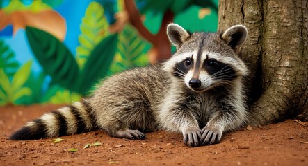 Wall Mural - A young raccoon lounging under a tree in a colorful jungle setting