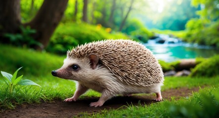 Wall Mural - Adorable hedgehog navigating through a lush green forest with a serene stream behind