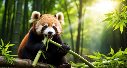 Wall Mural - Adorable red panda munching on bamboo in a tranquil green forest filled with sunlight