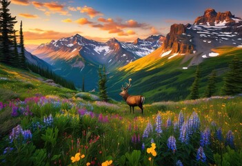 majestic nature landscapes featuring lush breathtaking vibrant diverse wildlife scenes vivid colors, forest, animals, trees, mountains, rivers, lakes