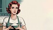 © D-point - Retro pop art style illustration of a woman with red hair and freckles holding a bowl in a kitchen setting. Baking or cooking concept with copy space for design, advertising, or print projects.