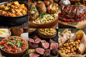 World Cuisine. Collage of Traditional Meat Dishes from Around the Globe