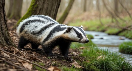 Wall Mural - Curious badger wandering through thick woods with a gentle stream in the background