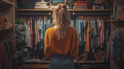 Poster - A woman is standing in a closet with many clothes