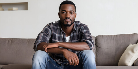 photogenic handsome african american man in casual attire with serious face expression sitting on sofa