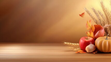 A rustic Thanksgiving wallpaper with golden wheat, apples, and pumpkins forming a beautiful seasonal background.