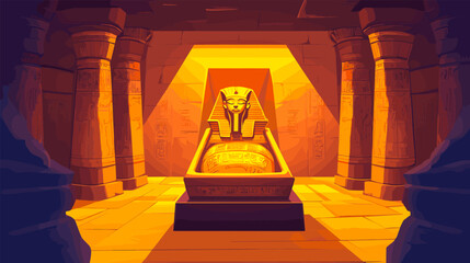 pharaohs sarcophagus inside pyramid. egyptian pharaoh tomb cartoon interior, gold statue grave in te