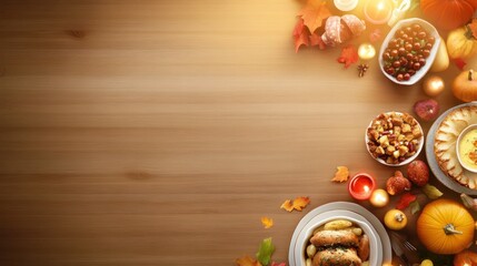 A Thanksgiving dinner background with a rustic farmhouse table filled with food and fall-themed decorations.