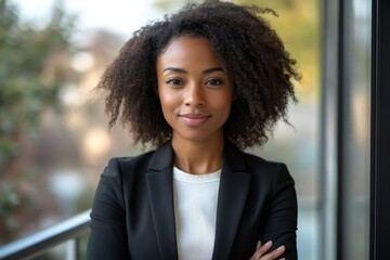 Canvas Print - Corporate business woman standing on balcony outside at work, taking a break and looking confident. Portrait of a professional, smiling and cheerful black female manager expressing, Generative AI