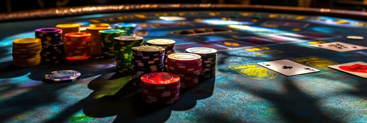 Aufkleber - A lively casino table adorned with colorful poker chips and playing cards during an exciting evening of gaming fun. Generative AI