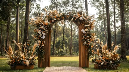 Beautifully Crafted Rustic Floral Arch Backdrop Combining Elegance with Natural Materials for Outdoor Weddings Ceremonies or Events