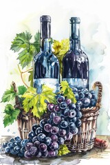 Fresh grape, grape wine bottle and glass. Painting drawing