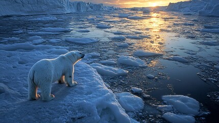 a polar bear standing on melting ice caps.