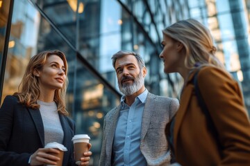 Canvas Print - Team of business people standing outside in front of office buildings talking and having coffee brake, Generative AI