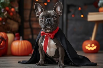 French Bulldog dressed as a vampire for Halloween sitting near pumpkins.