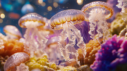 Jellyfish are mesmerizing marine creatures characterized by their gelatinous bodies and trailing tentacles. They come in a variety of shapes, sizes, and colors, ranging from translucent to vibrant hue