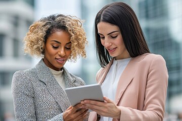 Canvas Print - Two multiracial business woman meeting outside and using a tablet, Generative AI