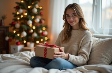 Photo of positive girl sit couch open x-mas gift box pull ribbon in house indoors with newyear garland decoration