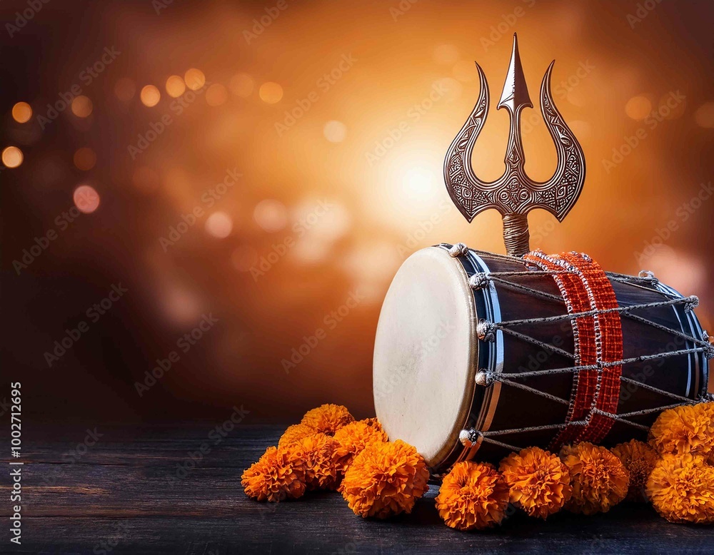 Shivaratri background with Shivas trident and Pellet Drum Damroo ...