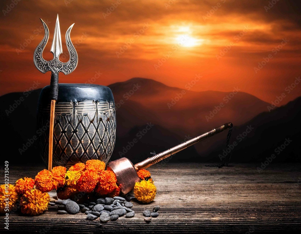 Shivaratri background with Shivas trident and Pellet Drum Damroo ...