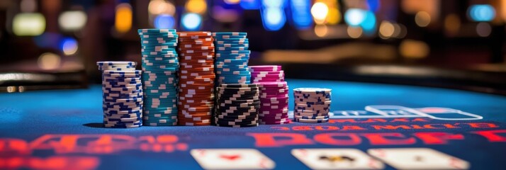 Aufkleber - A colorful casino poker table filled with stacks of vibrant chips during an exciting game night. Generative AI