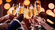 © Deedyy - Celebratory Image of Diverse Group Raising Glasses in a Toast, Filled with Golden Sparkling Beverage Against a Blurred Background of Warm Bokeh Lights, Capturing Joy and Camaraderie