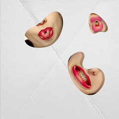 Collage. Three female mouths inside speech bubbles, one sticking out tongue, one puckering lips, and one smiling with red lipstick. Concept of human emotions. Banner, poster template