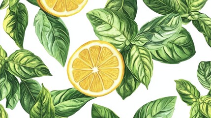 Canvas Print - Fresh lemon slices surrounded by vibrant basil leaves on a white background, creating an inviting and refreshing look