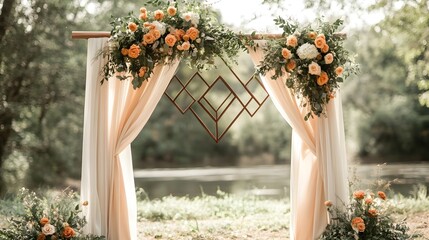 Elegant Geometric Floral Arch Backdrop with Draped Fabric for Romantic Modern Wedding and Outdoor Events