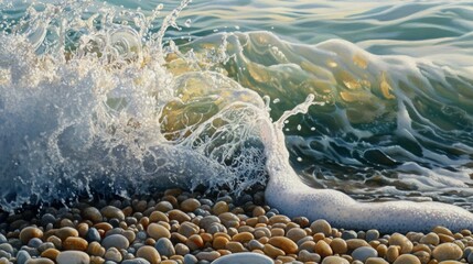 Wall Mural - a close-up of a wave crashing on a pebble beach, with the water creating a mix of textures and color