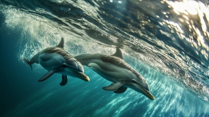 Wall Mural - a close-up of a wave with dolphins visible beneath the surface, their shapes adding a sense of life 