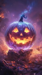 A mystical, glowing pumpkin stands majestically amid a magical forest, with a shadowy figure summoning enchantments, Ideal for Halloween themes, fantasy art, or seasonal promotions,