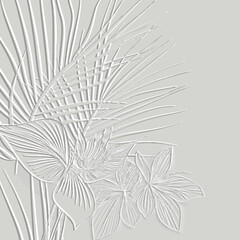 Wall Mural - Textured floral line art palm leaves and blossom flowers 3d pattern. Tropical relief background. Embossed white ornate backdrop. Surface leaves, branches. 3d leafy ornament with embossing effect.