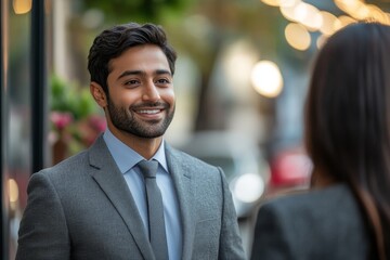 Sticker - Handsome young Indian businessman in corporate wear talking with businesswoman outdoors in the city, Generative AI