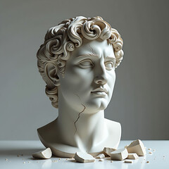 Broken ancient greek roman statue head falling in pieces. Broken marble sculpture, cracking bust, concept of depression, memory loss, mental illness