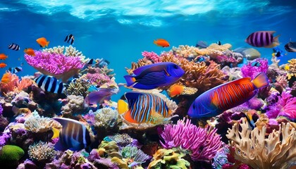 Wall Mural - Vibrant coral reef teeming with colorful marine fish in a stunning underwater paradise