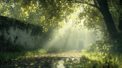 Wall Mural - Sunbeams Through the Trees: A Serene Forest Path