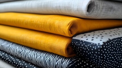 Stacked rolls of minimalist and abstract fabric patterns with clean geometric lines and neutral colors creating a modern and stylish backdrop for product photography interior design