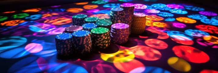 Aufkleber - A lively casino table displaying colorful stacks of poker chips illuminated by vibrant lighting in an exciting atmosphere. Generative AI