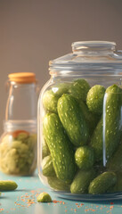 Wall Mural - A close-up view of a glass jar filled with fresh green cucumbers, showcasing their texture and color. In the background, another jar is visible, containing preserved vegetables.