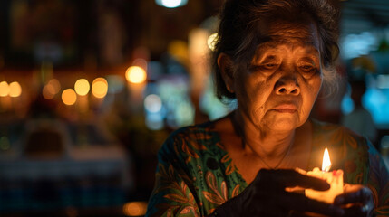 A medium close-up of a person lighting a candle in a quiet chapel, their face illuminated by the soft glow, showing reverence for the Almighty.