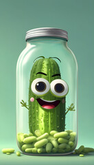 Wall Mural - A cartoonish cucumber character with big eyes and a smiling face, inside a glass jar filled with small green beans. The background is a soft gradient of light green.